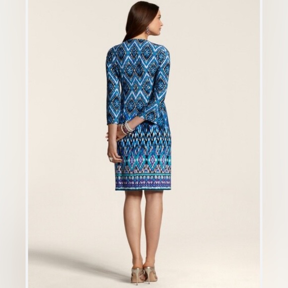 CHICO'S Embellished Neckline Lexi Blue Midi Dress Beaded V-Neck Size M / 12 Ikat - Picture 4 of 11